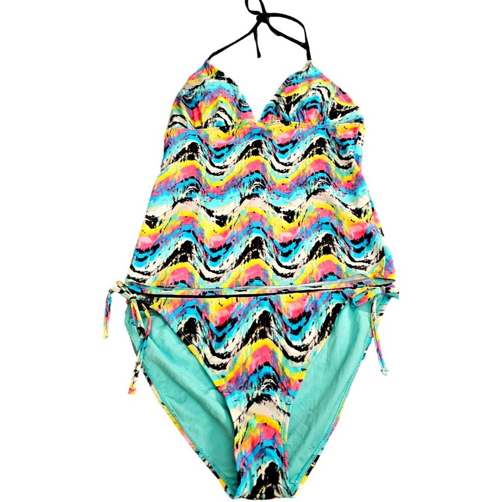 Bright Multicolor Halter Tankini Swimsuit With Tie-Side Bikini‎ Bottoms Size S